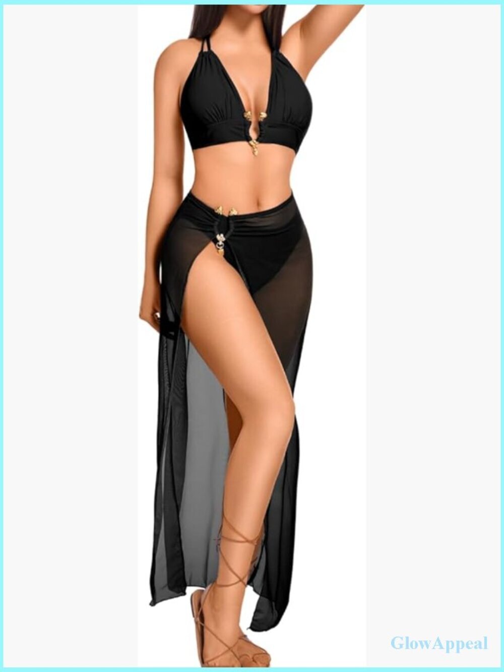 3 Piece Swim Set Halter Cheeky Bikini with Mesh Cover Up